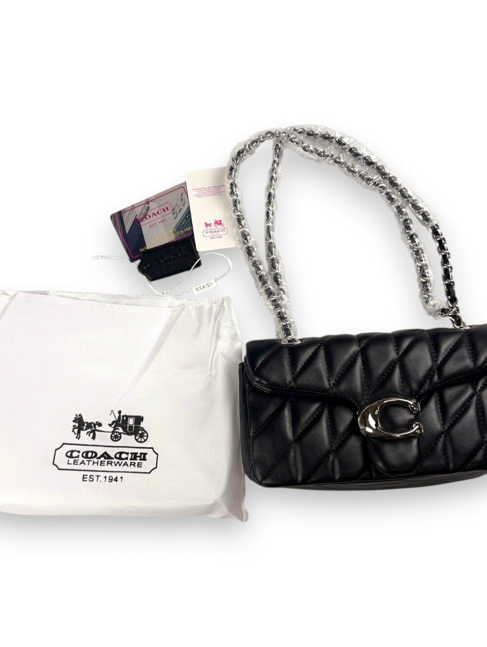 Black Quilted Chain Shoulder Bag Crossbody Silver Hardware Coach Tabby 26